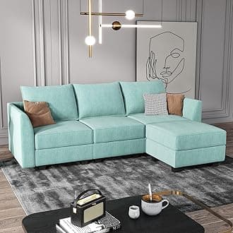 HONBAY Reversible Sectional Sofa Couch, Modern Apartment L-Shaped Couch Modular Sectional Sofa with Storage, Aqua Blue