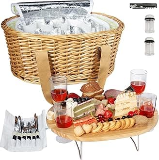 Hap Tim Wicker Picnic Basket Set for 4 with Mini Folding Wine Picnic Table & Large Insulated Cooler Bag & Cutlery Service Kits for 4 Person, Couples Gifts, Wedding Gifts (Y2209-4-GR)