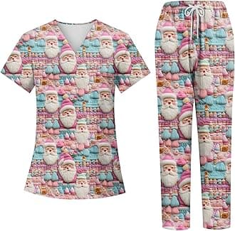 Generic Christmas Scrubs Set for Women Nurse Uniform Top & Pants with Multi Pocket for Nurse Esthetician Workwear
