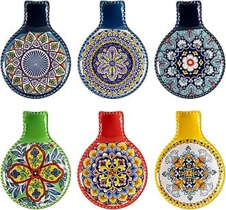 Ceramic Spoon Rest for Stove Top, Large Spoon Holder for Kitchen Counter, Cooking Utensil Rest for Ladle, Spatula, Tongs, Housewarming Gifts Set of 6 - Bohemian Style