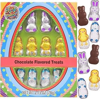 Chocolatey Bunnies, Chicks, and Sheep, Individually Wrapped Easter Candy, Basket Stuffers, 2.75 Inches, 12 Pieces