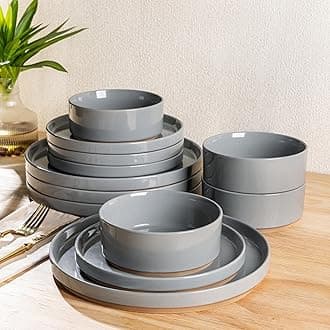 Ceramic Dinnerware Set for 6 | Speckled Stoneware Plates and Bowls with Rustic Terracotta Underside| Scratch Resistant,Dishwasher & Microwave Safe Dishes Sets- 18pcs Gray