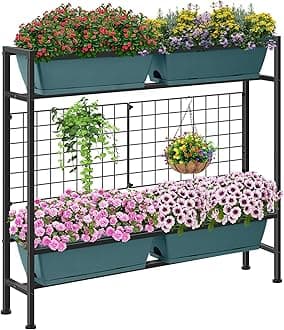 CADUKE Raised Planter Box with Legs, 32" Elevated Vegetable Garden Beds, Raised Garden Bed with Drainage Holes & Trellis, Herb Garden Planter Outdoor for Vegetables, Balcony, Patio, Green