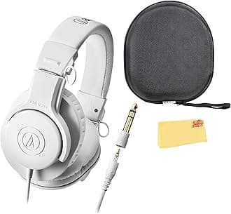 Audio-Technica ATH-M20xWH Professional Monitor Headphones - White Bundle with Case and Austin Bazaar Polishing Cloth