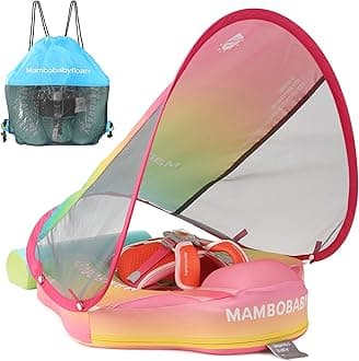 Mambobaby Float Add Tail Baby/Infant Swim Float with Canopy, Non-Inflatable Solid Upgrade Soft Waterproof Skin-Friendly Leather Material (Deluxe Edition Rainbow)