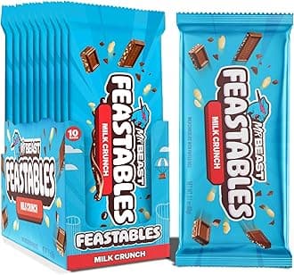 MrBeast Feastables Milk Chocolate Crunch Bar, King Size, 10 Count, Crispy Rice Chocolate Candy, Fairtrade Cocoa, 2.1oz Each