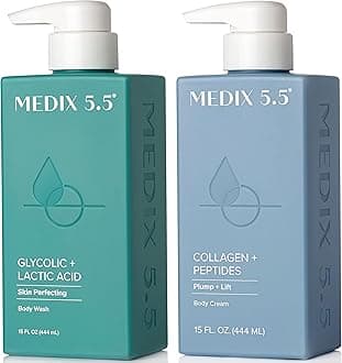 Medix 5.5 Exfoliating AHA Glycolic Acid Face & Body Wash Cleanser + Collagen Moisturizing Body Cream Lotion Skin Care 2PC Set | Alpha Hydroxy Acid & Lactic Acid Foaming Body Wash & Face Wash, 2-PC