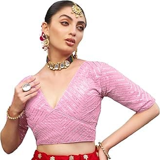 Pujia Mills Women's Blouse with Sequins, Ethnic Style, Half Sleeve, Sari and Lehenga Choli