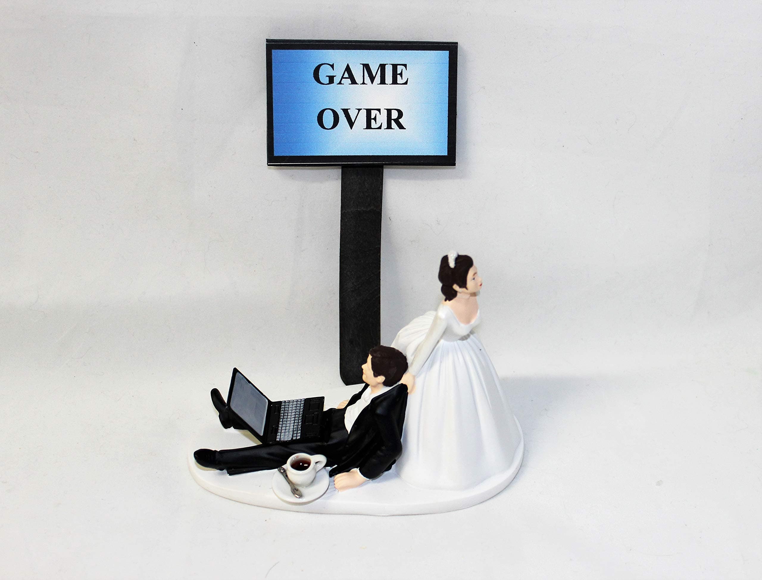 Wedding Computer Laptop coffee Computer both dark hair Geek Cake Topper