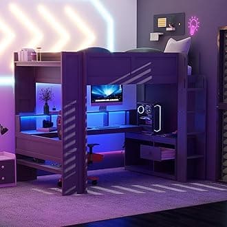 Wood Full Size Gaming Loft Bed with Desk, Multifunctional Gaming Bed with Multi-Storage Shelves, LED and Charging Station, Guardrail and Ladder, High Loft Bedframe for Teens Adults, Dark Gray