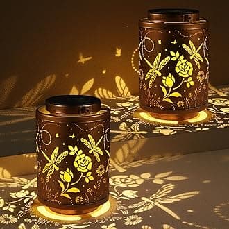 2 Pack Solar Lanterns Garden Decor Birthday Gifts for Women Mon Grandma Metal Hanging Solar Lights Waterproof Outdoor Decoration for Outside LED Lanterns for Yard (Dragonfly)