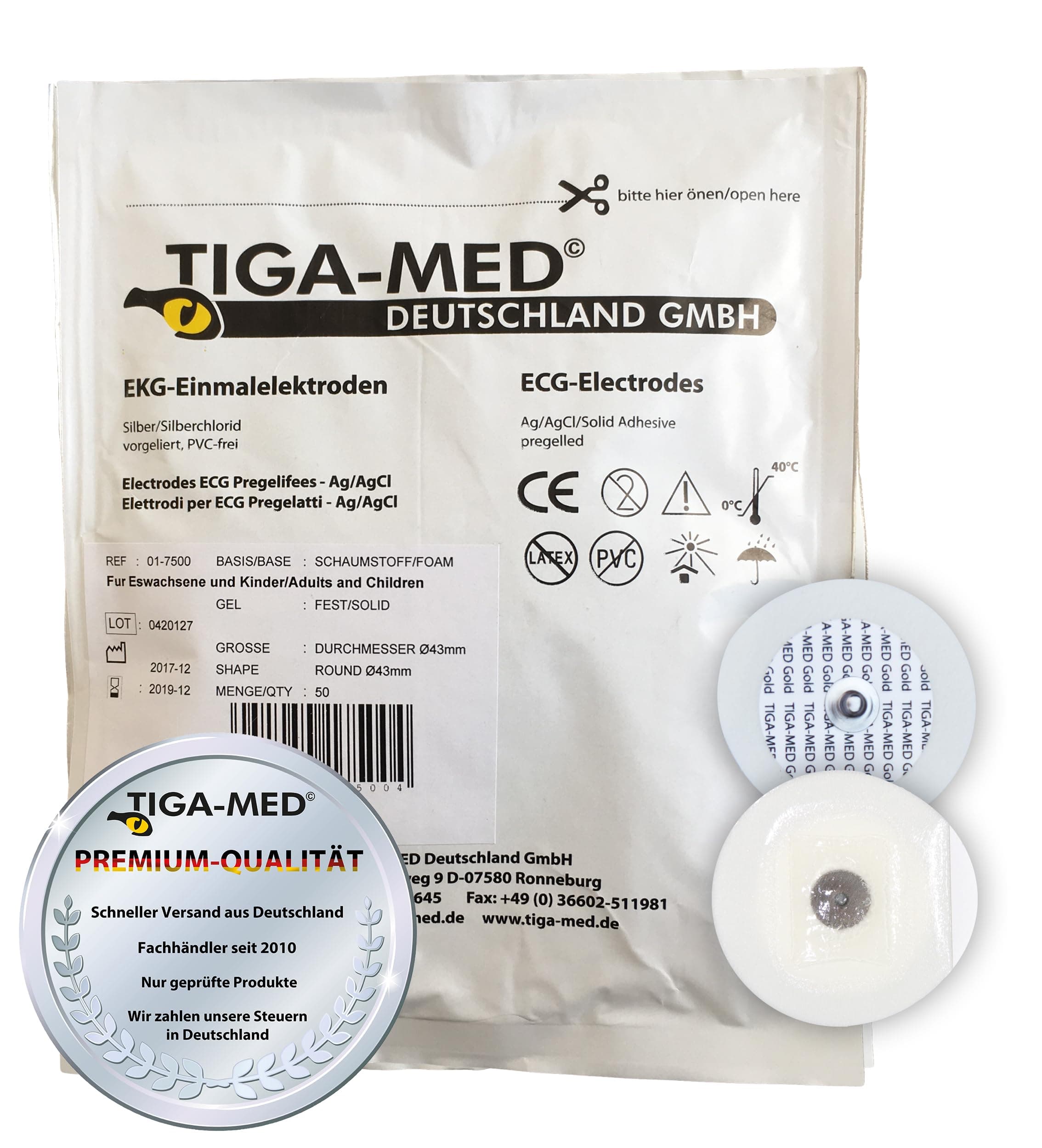 – TIGA-MED Disposable ECG Electrodes – Solid Gel Snap/Stud Pads, Strong Adhesion, Ag/AgCl Sensor, 100 Pack (2x50), 43 mm, Hypoallergenic (Latex & PVC-Free), Made in EU
