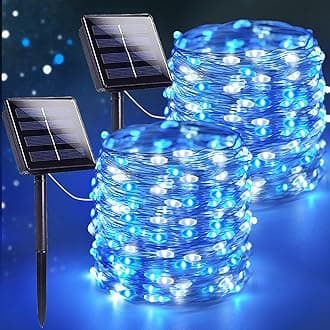 SANJICHA Blue and White Solar String Lights, Extra-Long 2 Pack 144FT 400LED Solar Christmas Lights Outdoor Waterproof, Sliver Wire 8 Modes Twinkle Light for Garden Tree Party Wedding Decorations