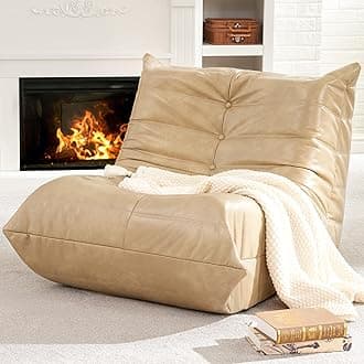 Hobestluk Giant Bean Bag Chair Lazy Floor Sofa, Memory Foam Fireside Sofa for Adults, Big Beanbag Faux Leather Armless Chair for Living Room Bedroom Dorm Office (Khaki, Single)