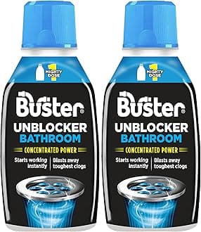 Buster Bathroom Drain Unblocker 300ml, Pack of 2 – Sink Unblocker Removes Hair & Sludge in Showers, Baths & Sinks. Fast-Acting Shower Drain Unblocker Clears Blockages & Slow-Draining Water