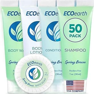 EcoEarth Hotel Toiletries Bundle (Spring Breeze, 1 oz Each, 250 Pieces) 5-Piece Set: 50 Each Round Bar Soap, Shampoo, Conditioner, Body Lotion & Body Wash - Bulk Mini Guest Amenities
