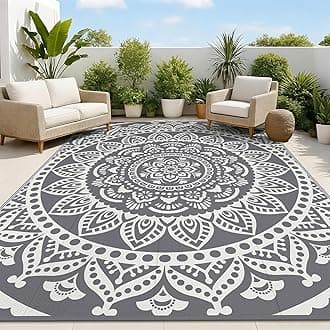 Bsmathom Waterproof Outdoor Rug 9x12 ft Large Reversible Boho Plastic Straw Patio Deck Camping Rugs, Indoor Outdoor Portable RV Mat Carpet for Outside, Porch, Balcony, Backyard, Beach, Pool,Grey