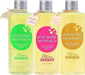 Bath and Body Oil with Sweet Almond Jojoba, Shea Butter, Rose Water, Coconut Bath Oils Mother's Day Gift for Women, Multiuse Oil for Hair Dry Skin 26.4 fl oz (Pack of 3)