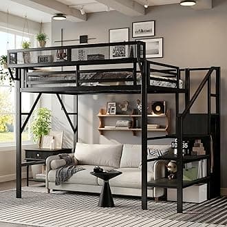 Mirightone Twin XL Size Loft Bed with Stairs and Storage, Metal Loft Bed Frame with A Shelf and Large Under-Bed Space, Heavy-Duty Loft Beds for Kids Boys Girls Teens, Black
