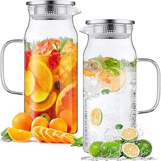 Bivvclaz 2 Pack 2 Liter 68 oz 2.1 Qt Glass Pitcher with Lid and Spout, Water Pitcher for Fridge, Glass Carafe for Hot/Cold Water, Large Iced Tea Pitcher for Coffee, Juice and Homemade Beverage