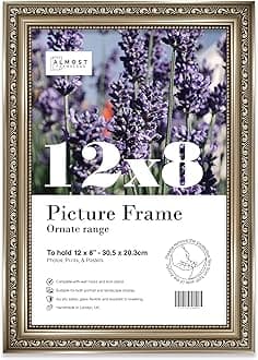 12x8 Gunmetal Ornate Picture Frame 12"x8"(30.5x20.3cm) Poster, Photo, Artwork, or Print. Elegant Style Portrait and Landscape Display with Wall Hooks