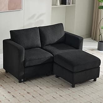 58”Modular Sectional Loveseat Sofa with Storage, Comfy Office L Shaped Sofa Couch, Corduroy Love Seat Modular Sectional Couch with Movable Ottoman for Living Room, Bedroom, Black