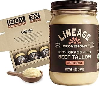 Lineage Provisions - 100% Grass-Fed & Finished Beef Tallow – 3-Pack Glass Jars – US-Raised Cattle – Nose-to-Tail Rendered – Cooking Oil Alternative, Keto & Paleo Friendly