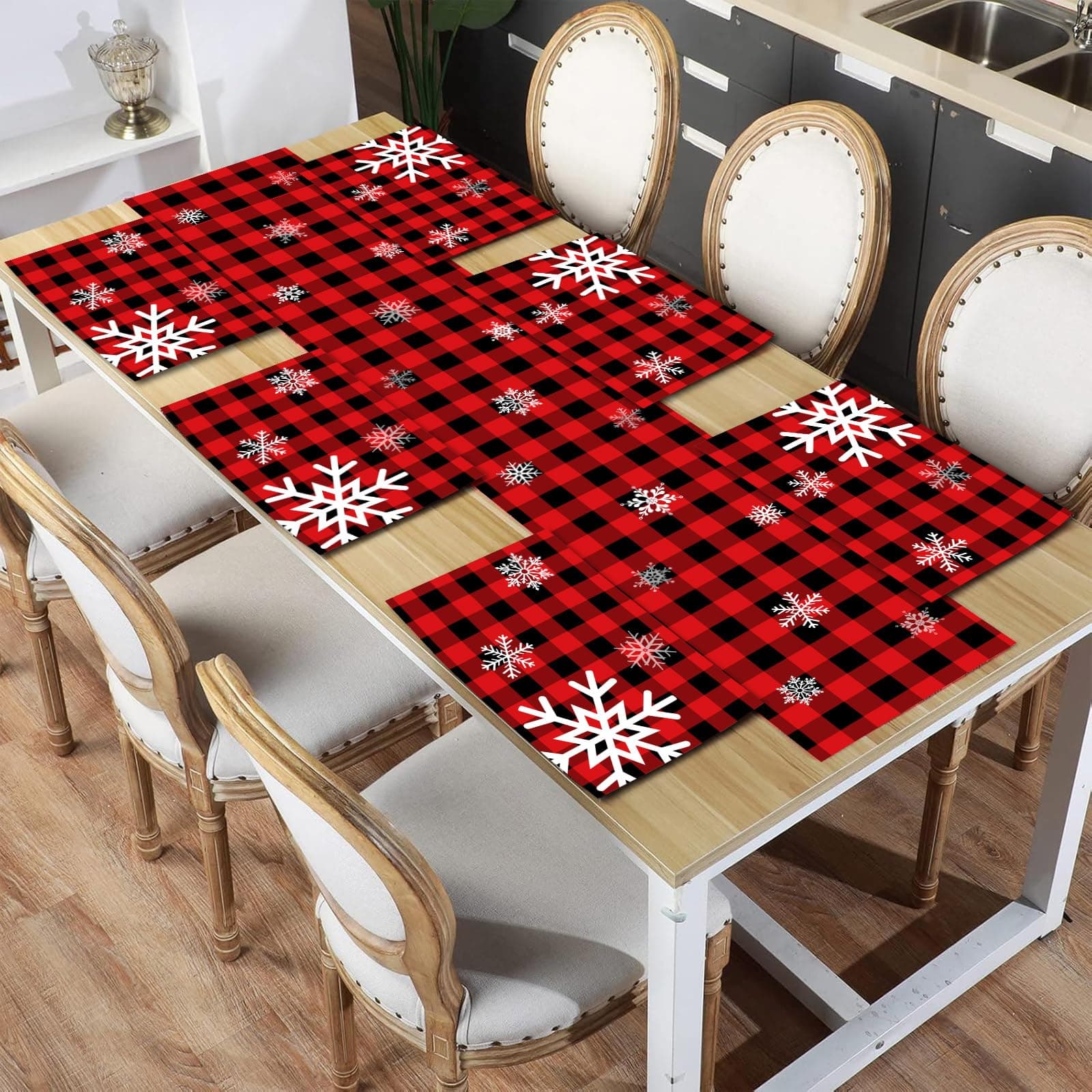 7 Pieces Christmas Table Runner Placemats Decorations for Dining Table Vintage Farmhouse Holiday Table Mat Set for Christmas (Snowflake Style)