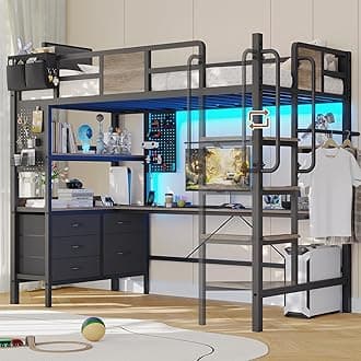 Dnxao Twin Loft Bed with Desk and 5 Storage Drawers,Loft Bed Twin Size with LED Lights and Charging Station, Metal Bunk Bed Frame with Ladder, Clothes Rail,Noise Free,Oak Gray