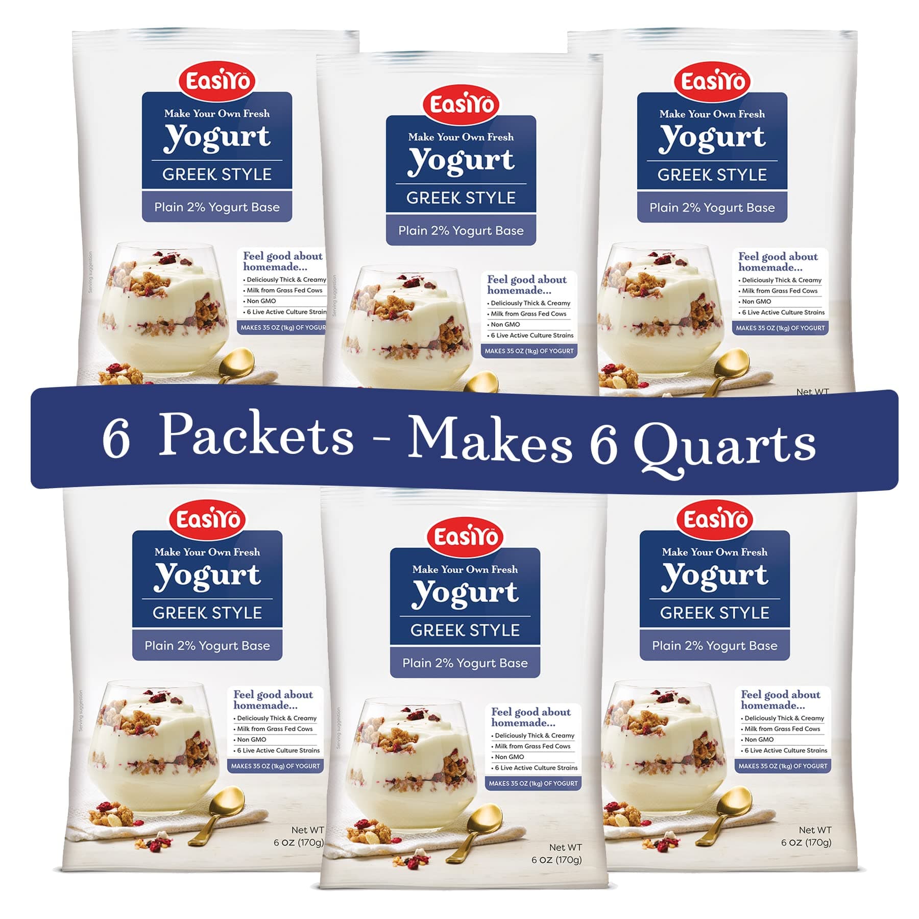 Greek Style Plain 2% Yogurt Base (6-pack, 42 Servings) with Live Cultures | Easy & Fresh Homemade Yogurt | Use with EasiYo Maker | New Zealand Milk from Grass Fed Cows