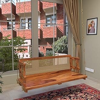 Jairi Traders Wooden Swing (4ftx2ft) Solid Wooden Hanging with Hand Rest and Back Support Jhula Wooden Swing (with Stainless Steel Accessories) Reversible Cane Back and Hand Designed