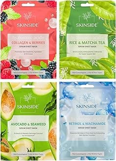 Serum Sheet Mask for Glowing Skin with Hyaluronic Acid | Face Mask Sheets Combo for | Hydrating | Tan & Blackheads Removal | Instant Brightening | Pore Reduction | Fairness | Skin Tightening (4, Rice & Matcha Tea | Avocado & Sea Weed | Retinol & Niacinamide | Collagen & Berries)