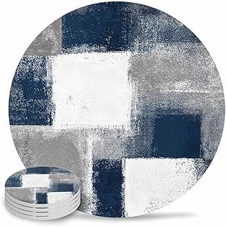 Coasters for Drinks with Holder, Blue and Grey Abstract Paint Art Graffiti Set of 8 Absorbent Ceramic Coasters with Cork Base, Ceramic Drink Coaster for Wooden Table Protection Bar Home Decor, 4 inch