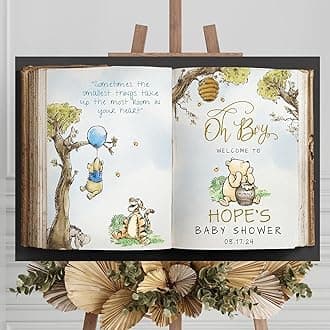 Personalized Bear Pooh Baby Shower Sign, Old Book Custom Baby Shower Welcome Yard Sign Party Decorations Plastic with H Stakes, Double Sided, Full Size