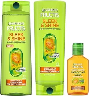 Garnier Fructis Sleek & Shine Shampoo, Conditioner + Moroccan Sleek Oil Set for Frizzy, Dry Hair, Argan Oil (3 Items), 1 Kit (Packaging May Vary)