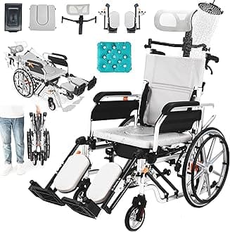 Reclining Wheelchair for Adults, 5-In-1 Fold Transport Wheelchairs for Seniors, Swing-Away Elevating Leg Rests and Flip-Back Arms, with High Back & Removable Headrest, 18.5" Seat Width, Support 265lbs