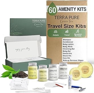 Terra Pure Green Tea Amenity & Accessory Kit | 1 oz Travel Size Shampoo, Conditioner, Lotion, Body Wash, 2 Soap Bars, Shave & Dental Sets, Make-Up Remover Wipes, & Vanity Kit | 60 sets per case