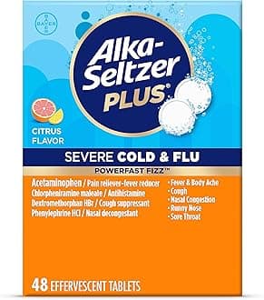ALKA-SELTZER PLUS Severe, Cold & Flu Medicine, Citrus Effervescent Tablets, Nasal & Sinus Congestion, Sneezing, Runny Nose, Cough, Sore Throat, Fever, Headache and Body Aches & Pains, 48ct, Orange