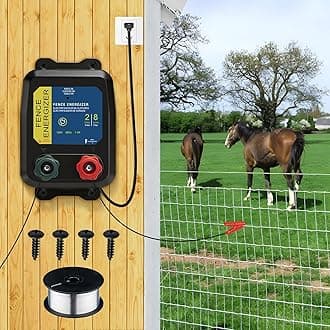PE2 Electric Fence Energizer for Contain Small Animals, Keep Out Pests and Predators, 8 Acres/2-Mile Output Voltage 5000V, 0.1 Joule,with 17 Gauge Aluminum Wire