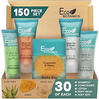 - Travel Size Hotel Toiletry Set 150 Count 0.85 oz Bottles Guest Amenities for Vacation Rentals and Short Term Rentals Paraben Free White Tea Scent Infused with Aloe and Olive Oil by Eco Botanics
