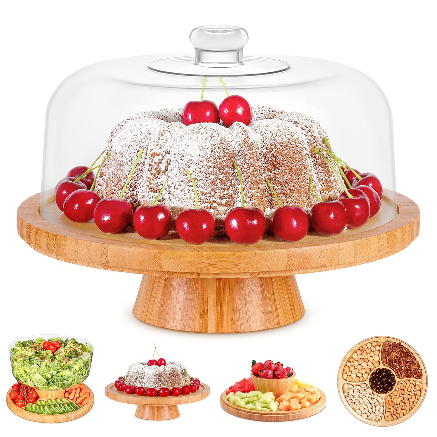 Homeries Bamboo 6-in-1 Multi-Functional Serving Platter, Cake Stand with Dome & Lid