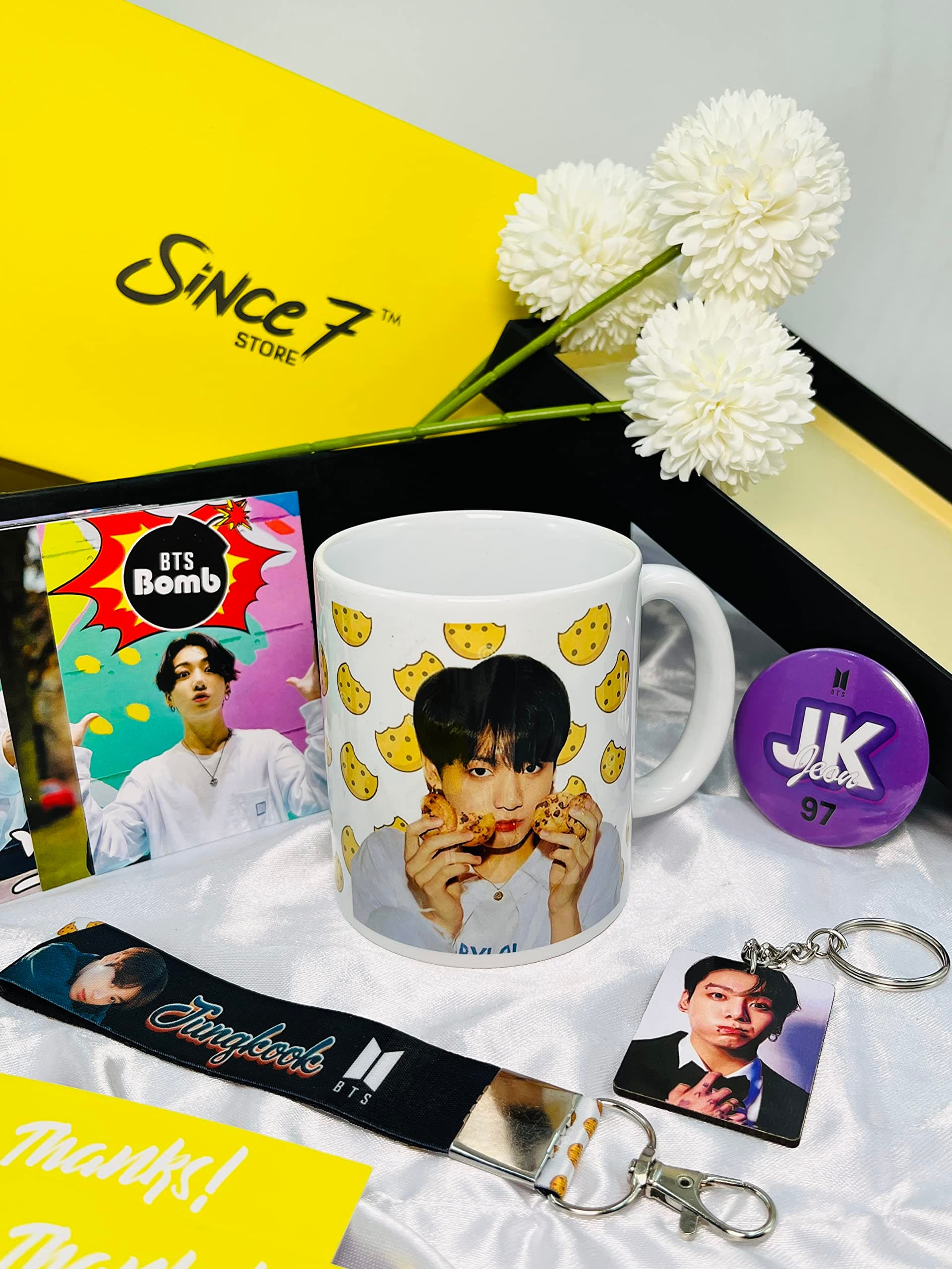 SINCE 7 STORE JK Gift box for Fans, INCLUDES 5 products: Pack of 18 Lomocards, 1 Mug, 1 Keychain, 1 Keychain Lanyard & 1 badge/Perfect for Gifting