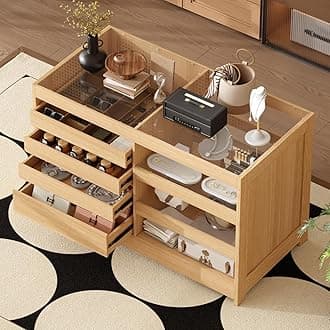 55" W Glass Display Cabinet, Walk in Closet Island for Retail, Jewelry Organizers Storage with 4 Drawers, Collectibles Cabinet Showcase for Cloakroom Shop, Wood Grain