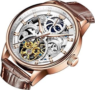 JSDUN Men's Skeleton Watch Luxury Dress Black Leather Silver Gold Tourbillon Moon Phase Automatic Mechanical Self-Winding Waterproof Luminous Wrist Watches