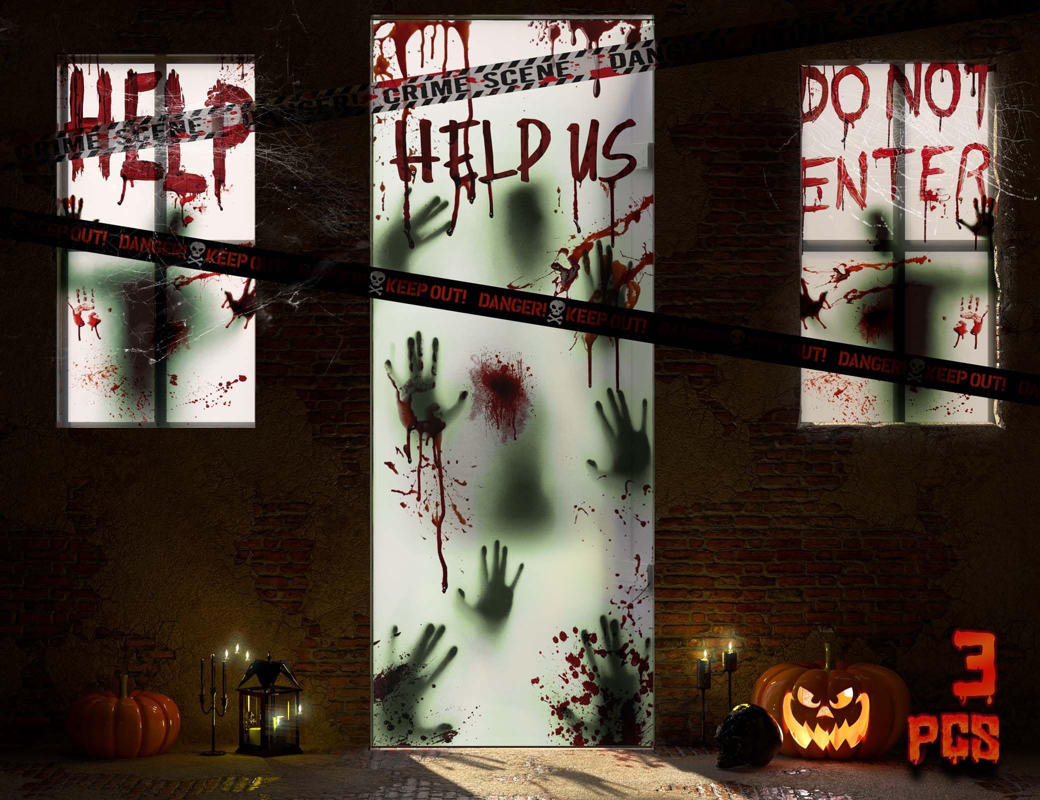 3Pcs Halloween Window Door Decoration Covers Set, Includes 2 Window Clings &1 Door Posters, Indoor and Outdoor Décor for Party