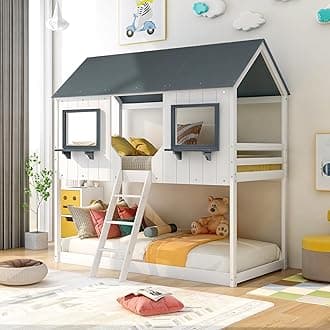 Merax Twin Over Twin Bunk Bed Wood Bedframe with Roof,Window,Guardrail,Ladder for Boys and Girls,White & Dark Grey
