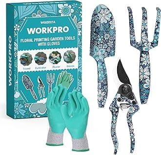 Aluminum Garden Tool Set, 4PCS Heavy Duty Hand Garden Tools with Box Include Trowel, Rake, Pruner, Garden Gloves, Blue Floral, Garden Gifts