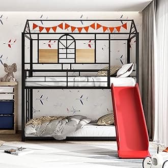 Harper & Bright Designs Twin Size House Bunk Bed with Slide and Built-in Ladder, Heavy Duty Bunk Bed Twin Over Twin for Kids Boys Girls, Space Saving, No Box Spring Needed, Black & Red