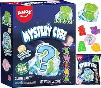 AMOS Peelerz Mystery Cube Peelable Gummy Candy 3D Peeling Candy 8.47oz Box with Approximately 10 Pouches Made with Real Fruit Juice