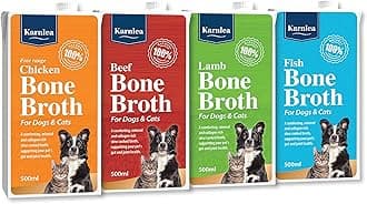 Bone Broth Variety Pack - 4 x 500ml | 100% Real Chicken, Beef, Fish & Lamb Liquid Bone Broth for Cats & Dogs | High in Collagen & Protein for Healthy Joints, Gut, Digestion, Skin & Sickness